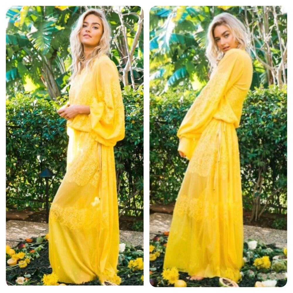 We Are HAH Royal HAHness Lemon Drop Lace Boho Long Sleeve Maxi Dress XS - Picture 10 of 10